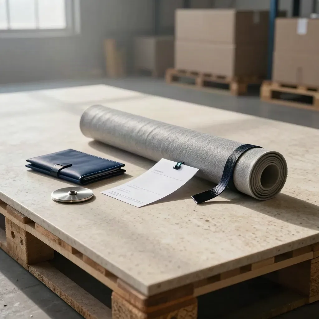 Rolled freight quote tube beside tags and a metal seal disc on a pale warehouse floor