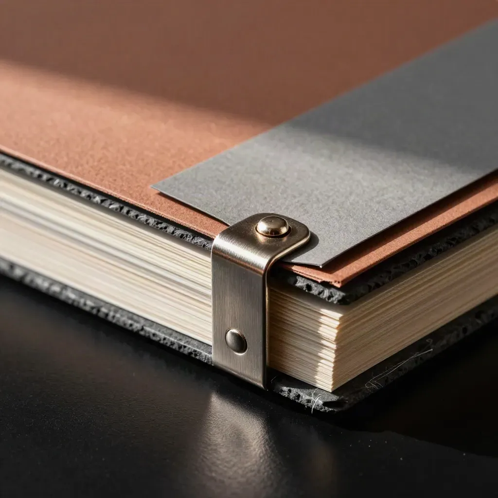 Extreme macro of a terracotta export-docs case with folders and a metal clasp on matte black.