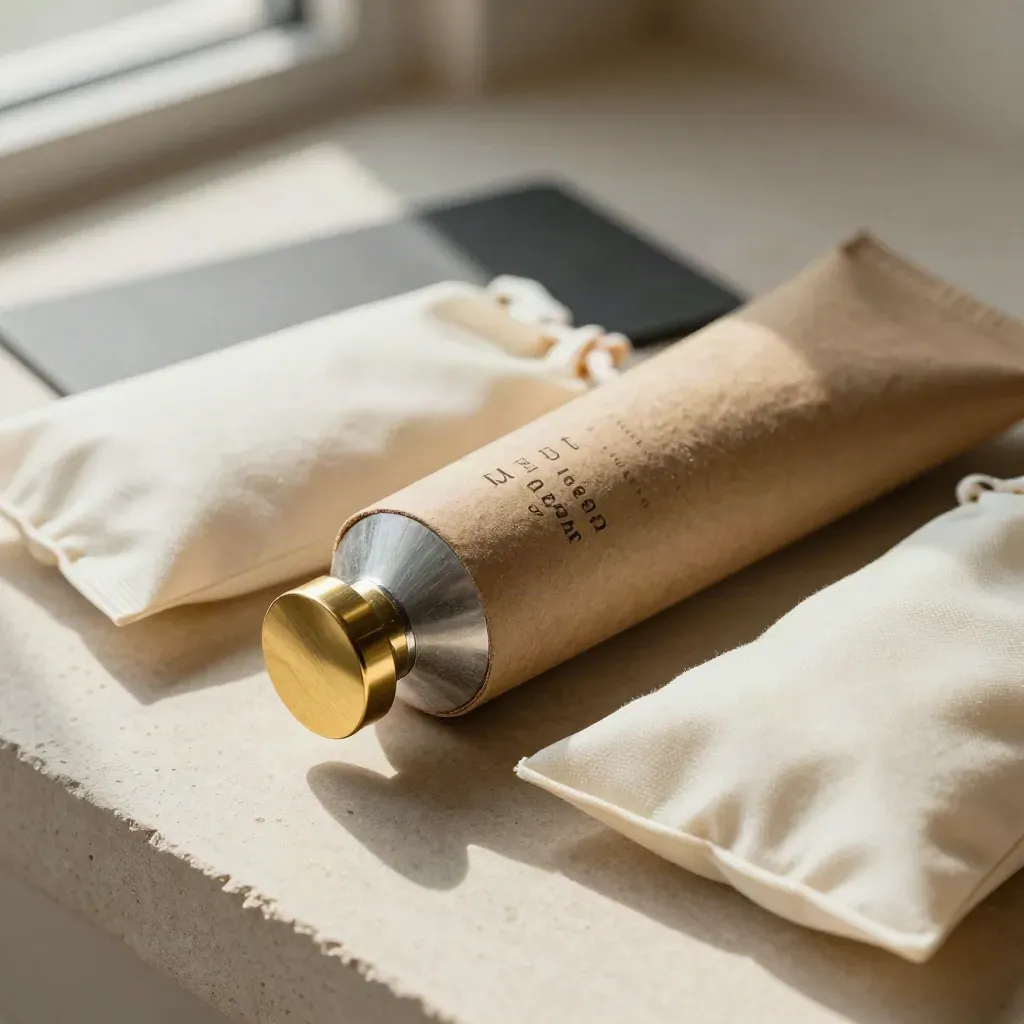 Macro freight quote pack: rolled route tube, brass seal and two pouches on pale stone.