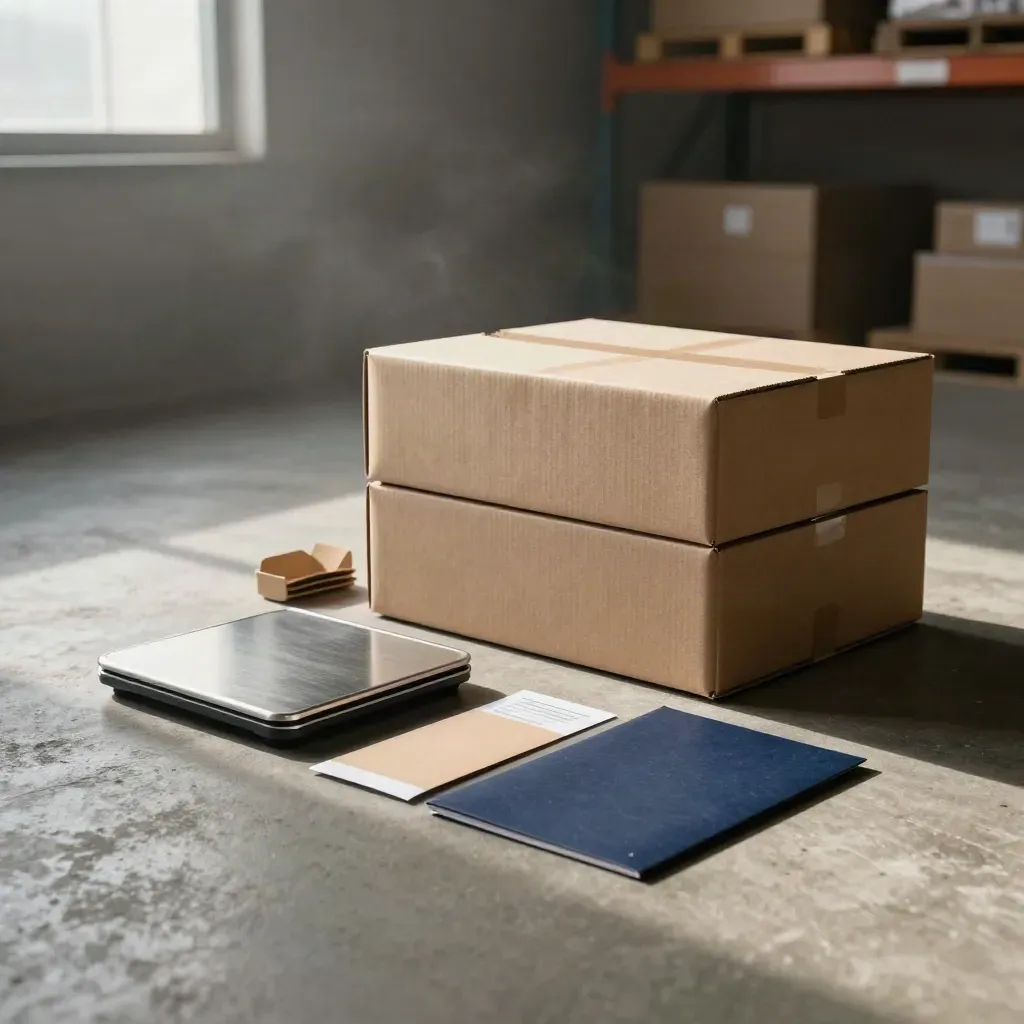 Audit kit, blank cartons and a small metal scale on brushed concrete in soft warehouse light.