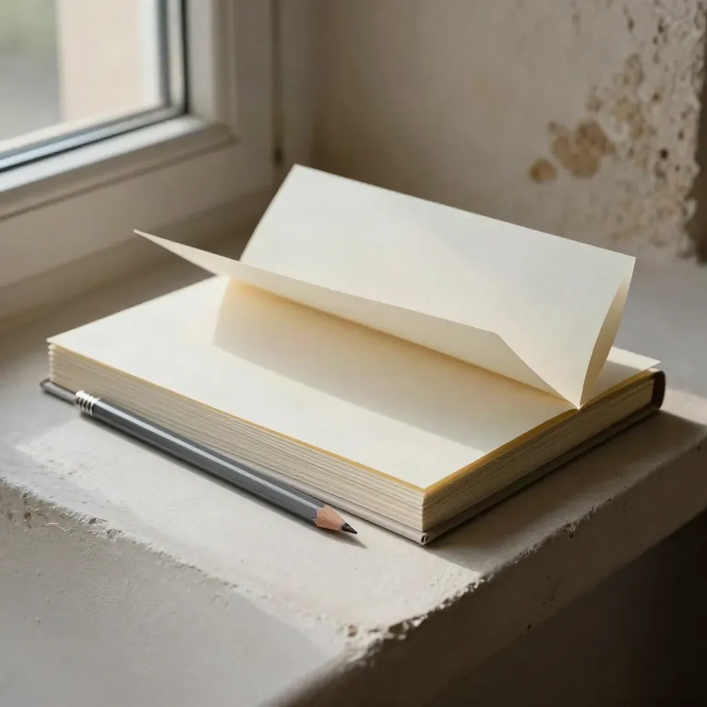 Ivory folio, graphite pencil and folded memo stack on a plaster ledge in soft window light